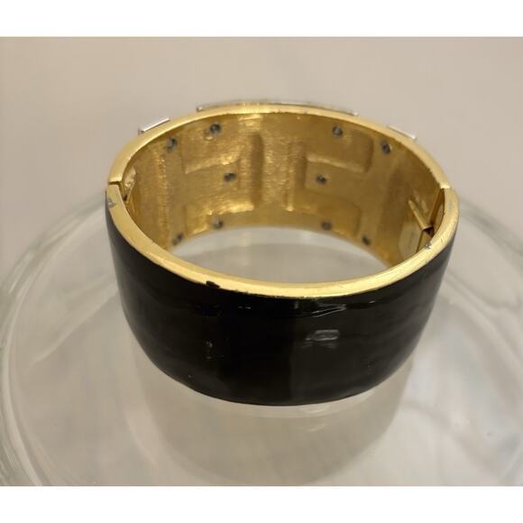 Vintage CINER Black Enamel/Rhinestone/Gold Plate Deco Clamper/Bangle/Bracelet - Picture 5 of 8